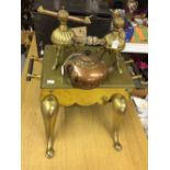 20th cent. Brass and iron, fireside hearth cooking pan rest. 21ins. x 12ins. x 19ins. Plus brass and