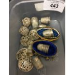 Hallmarked Silver thimbles x 6, a thimble in a mesh egg shaped holder with blue plush lining plus