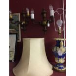 Lighting: 20th cent. Brass wall lights, a pair. 13ins. long, 7ins. projection. Plus a vase, blue and