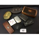 Snuff Boxes & Vesta's: Papier mache, Bakelite, treen, white metal. Carved, painted and inlaid (9).