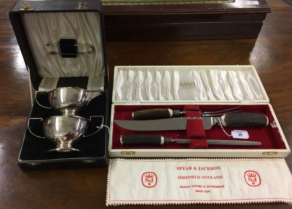 Platedware carving set with antler handles by Ashberry Sheffield boxed, boxed sugar bowl with