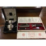 Platedware carving set with antler handles by Ashberry Sheffield boxed, boxed sugar bowl with