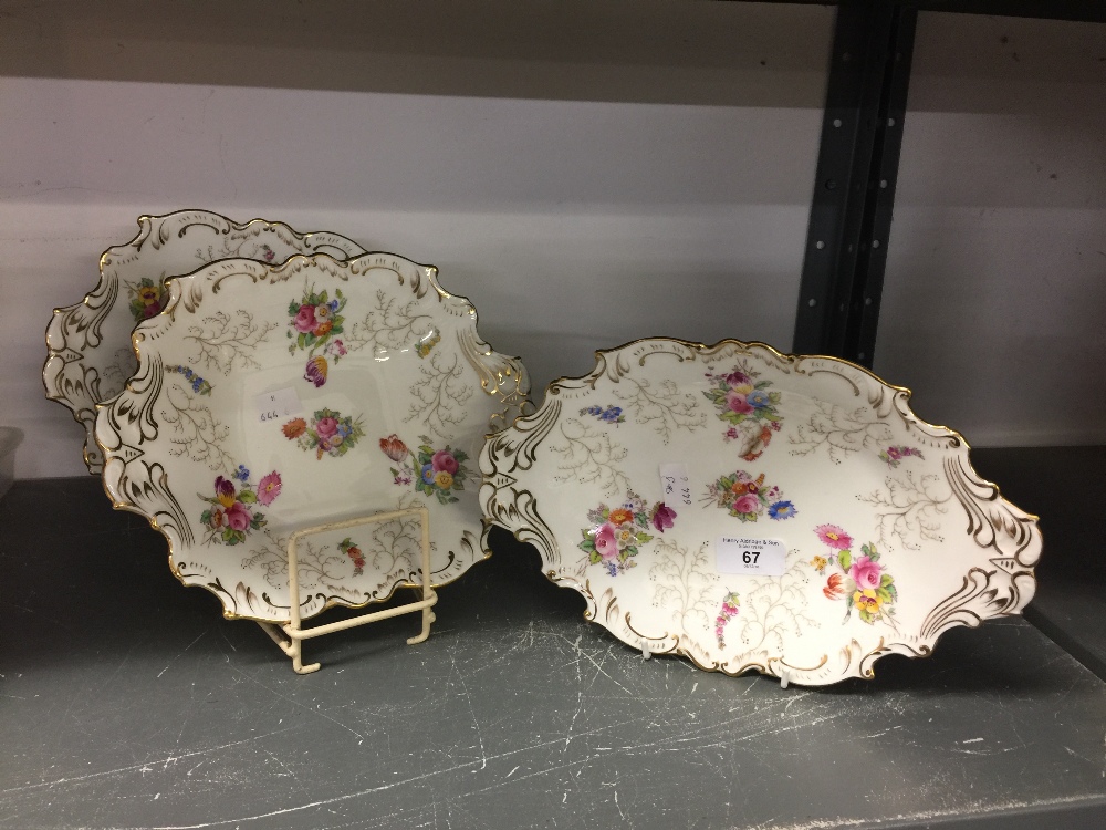 Early 20th cent. Ceramics: Coalport comport and serving dish (a pair). Gilt border, decorated with