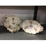Early 20th cent. Ceramics: Coalport comport and serving dish (a pair). Gilt border, decorated with