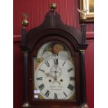 19th cent. Mahogany cased long case clock, moon faced dial, painted second hand and date, Roman