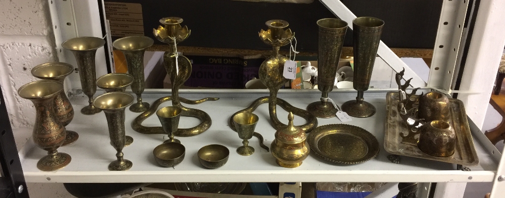 Early 20th cent. Indian Benares Ware: Cobra candlesticks - a pair 8½ins. plus tapering and other