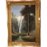 20th cent. Oil on canvas 'Forest glade and still water' pastoral scene, ornate gilt frame. 29½ins. x