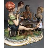Ceramic: Large Capo di Monte figures "The card cheats sat at table with wine bottle", signed H