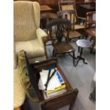 Early 20th cent. Elm kitchen chairs slat back, turned supports and a piano stool.