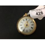Watches: Ladies gold 18ct pendent watch, white enamel dial with ornate gilt decoration.