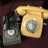 Collectors Telephones: Cream BT8746G and a two tone green telephone MK2 BMF. (2)