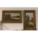 Godwin: Oil on canvas 'River & Bridge Study with figures' signed lower right. Gilt framed 12ins. x