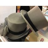 Millinery: Formal Morning drab shell hats, grey with black band, size 7 and 7¼. One a Wilson &
