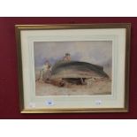 J.H. Mole 1814 - 1886: Watercolour 'Beach Study with Children, and a upturned Boat', signed mower