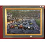 Motor Racing: Ted Weaver Oil on board of a Formula one race with a McClaren leading two Ferrari's.