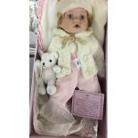 20th cent. Collectors Dolls: Leonardo Collection, girl doll - pink suit, white wool coat, pink