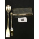 Hallmarked Silver: Spoon, small pickle fork and a French snuff box with gilt interior. 3ozs.