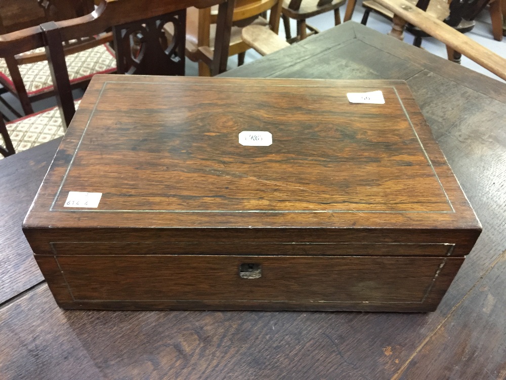 20th cent. Rosewood writing slope/ box. Brass inlay and mother of pearl cartouche. 14ins. x 4¾ins. x