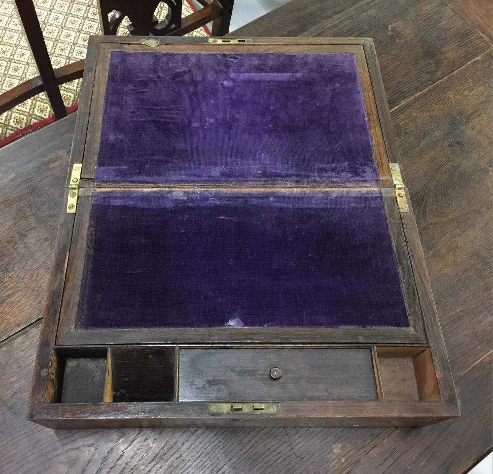 20th cent. Rosewood writing slope/ box. Brass inlay and mother of pearl cartouche. 14ins. x 4¾ins. x - Image 2 of 2