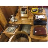 20th cent. Pine twin pedestal dressing table, six drawers and a dressing mirror. Two bedside