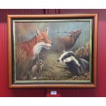 B. G. A. Peerless, oil on canvas, study of British wildlife, badger, fox, stag, rabbit. Signed lower