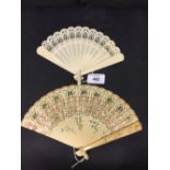 Oriental: 19th cent. Ivory fans, filigree worked, painted, joined with silk ribbon. 6¼ins. and 4½