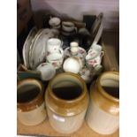 20th cent. Ceramics: Rose patterned half tea set, preserve jars, jugs, plates, etc.