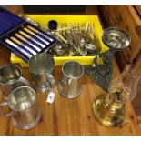 Pewter & Flatware: 20th cent. Tankards x 4, a pewter bowl stand, 20th cent. brass chamber oil lamp.