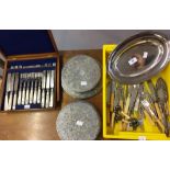 Plated Ware: Box and loose flatware, some with silver collars, plated coaster & serving plates,