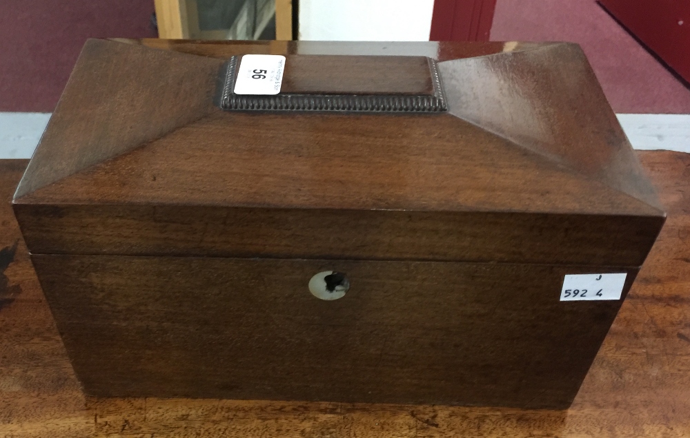 19th cent. Mahogany tea box in sarcophagus form with two covered tea compartments and a glass