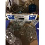 Glassware: Coloured, plain white metal rimmed, includes decanters, glasses, bowls, candlesticks,