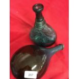 Bottles: 18th/19th cent. Brown & green glass 'chestnut' bottles, bulbous, one with string neck & one