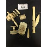 19th cent. Ivory sewing requisites pin cushions, tape measure, a dance book with 3 cards, an