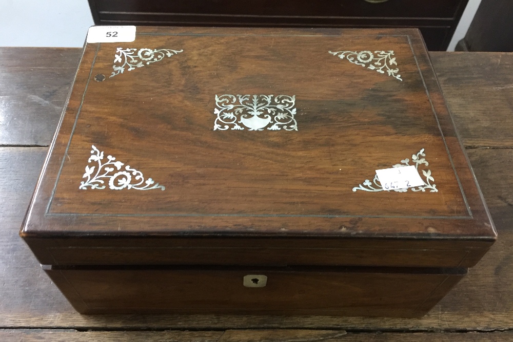 Workbox: Rosewood box with Mother of Pearl inlay, the top opening to reveal a fitted tray with