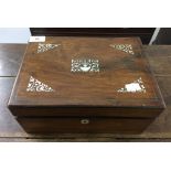 Workbox: Rosewood box with Mother of Pearl inlay, the top opening to reveal a fitted tray with