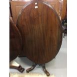 19th cent. Rosewood, oval loo tilt top table, single turned column on four splayed supports.