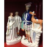 19th cent. Ceramics: Staffordshire flat backs. Hunting Highlander with stag, 18ins. Plus a lady