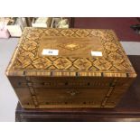Work Box: 19th cent. Walnut workbox decorated in a Tunbridge ware style in ebony and fruit wood, the