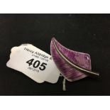 Jewellery: Swedish leaf brooch by Borgila sterling silver mauve enamel leaf.