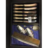 Hallmarked Silver: Condiments set, comb, butter knives (6) boxed & a continental tea caddy spoon.