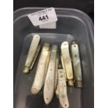 Hallmarked Silver: Folding fruit knives with ornate mother of pearl handles x 5, plus a silver