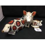 Crown Derby: Imari paperweights Pig Family - large, medium & small. (3).