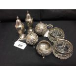 Hallmarked Silver: Condiment set of 2 peppers, 2 salts (cut glass with silver collar), plus 3 Indian
