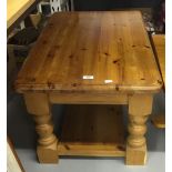 20th cent. Pine coffee table on turned supports. Open shelf below. 36ins. x 18ins. x 22ins.