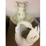 20th cent. Ceramics: F.W plus Co "Bourbon" pattern washbowl and jug and a swan flower basket