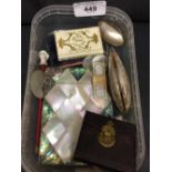 Objects of Virtu: Mother of pearl card case, mother of pearl counters, purse book, mother of pearl