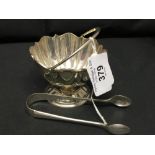 Hallmarked Silver: Bon bon basket with handle, assayed Birmingham 1916. Plus a pair of sugar nips.