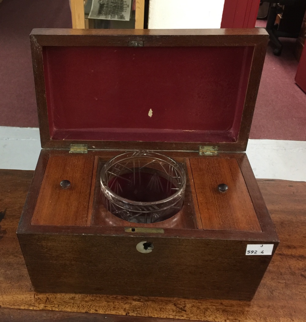 19th cent. Mahogany tea box in sarcophagus form with two covered tea compartments and a glass - Image 2 of 2