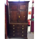 19th cent. Oak linen press 2/3 base twin door top shelved out, the whole on bracket supports