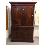 19th cent. Mahogany linen press, cupboard & drawers beneath. (minus shelves).